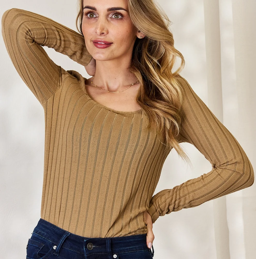 Tan Ribbed Long Sleeve Full Size Top
